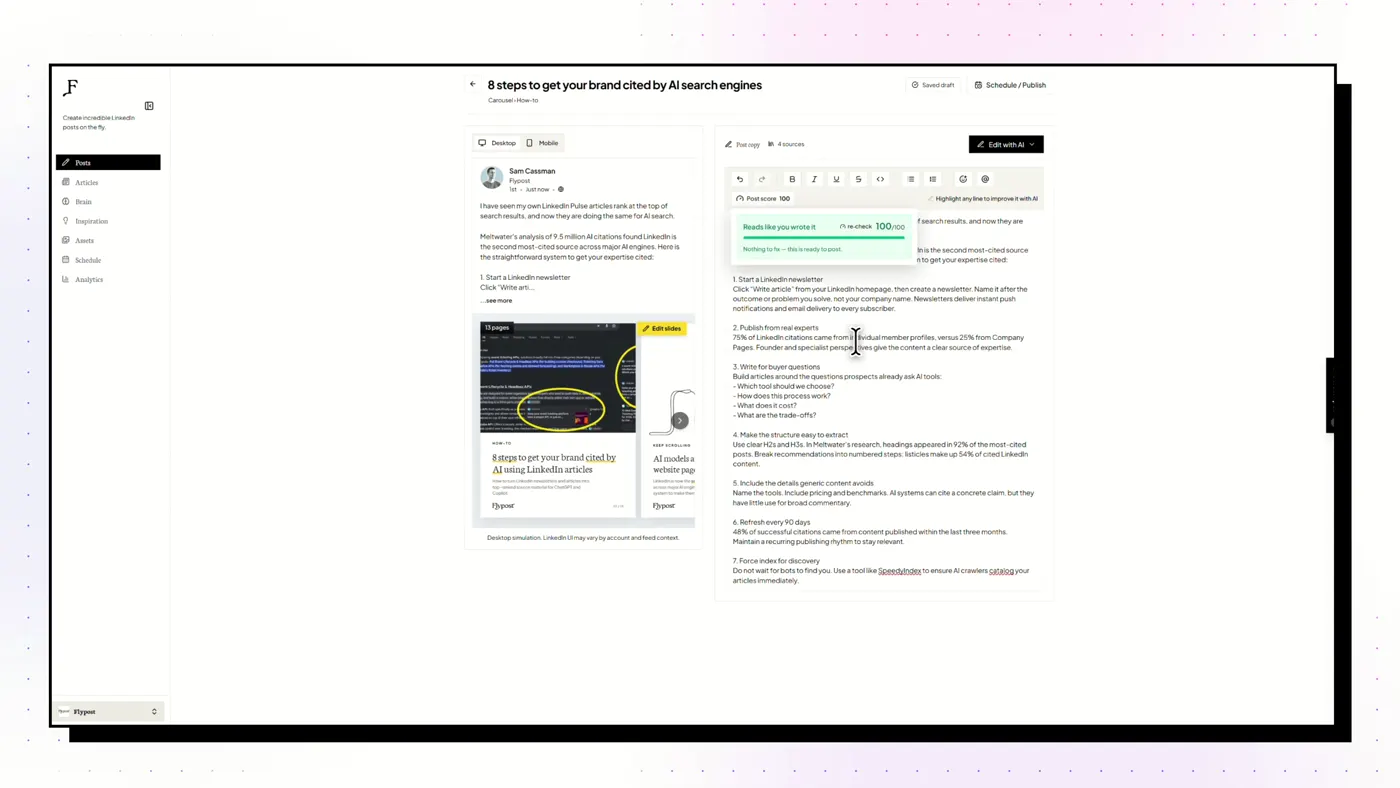 A post score flagging a weak hook and AI-sounding phrases before publishing