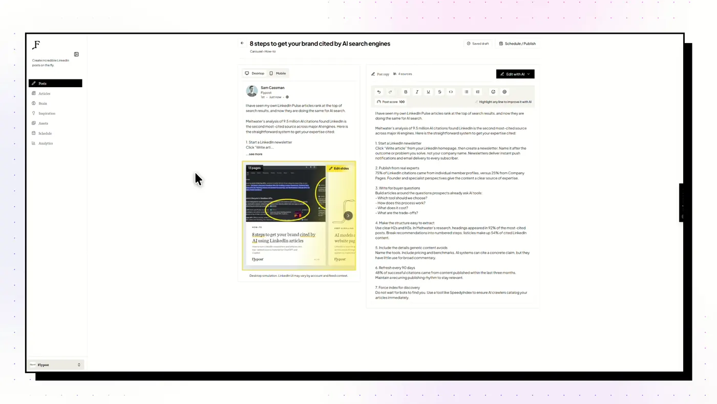 Scheduling a finished post to LinkedIn from a dedicated tool