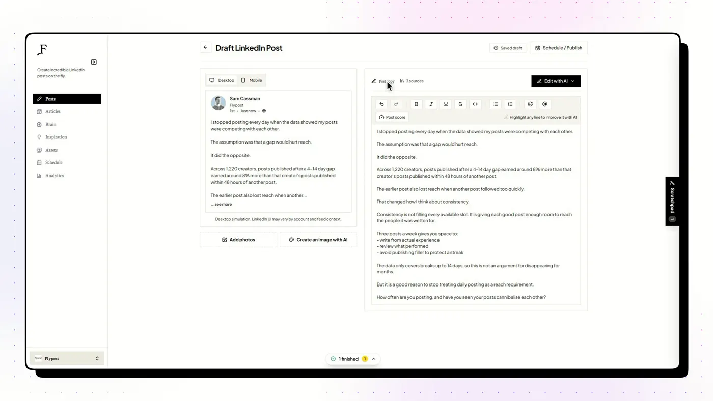 Drafting a LinkedIn post from source material, with the post score checking hooks and AI tells (Flypost)