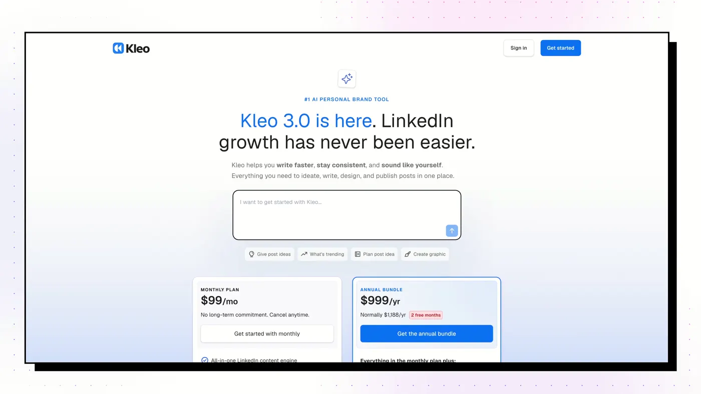 Kleo's pricing page, October 2026. Prices change; check the live page.