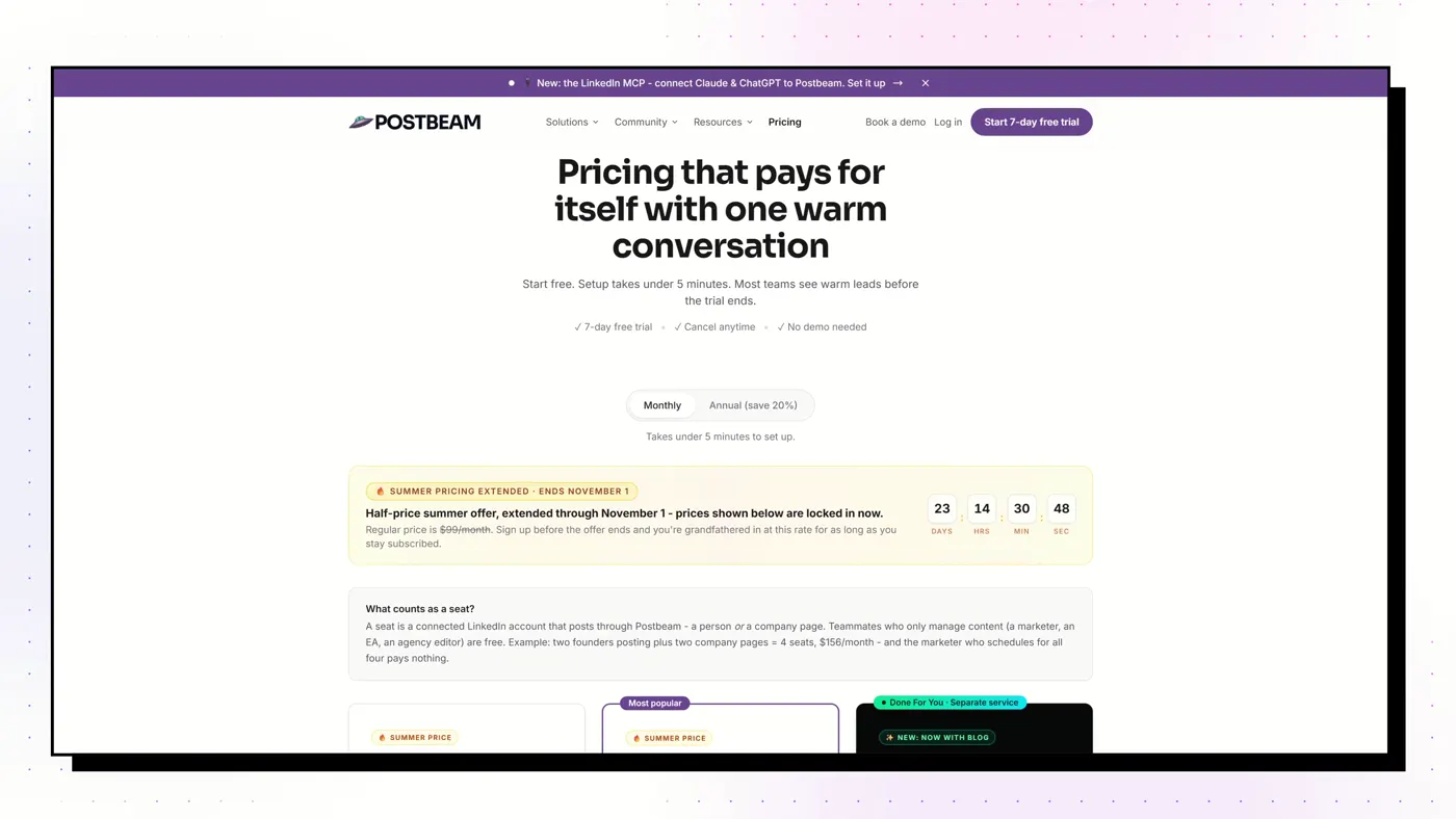 Postbeam's pricing page, October 2026. Prices change; check the live page.