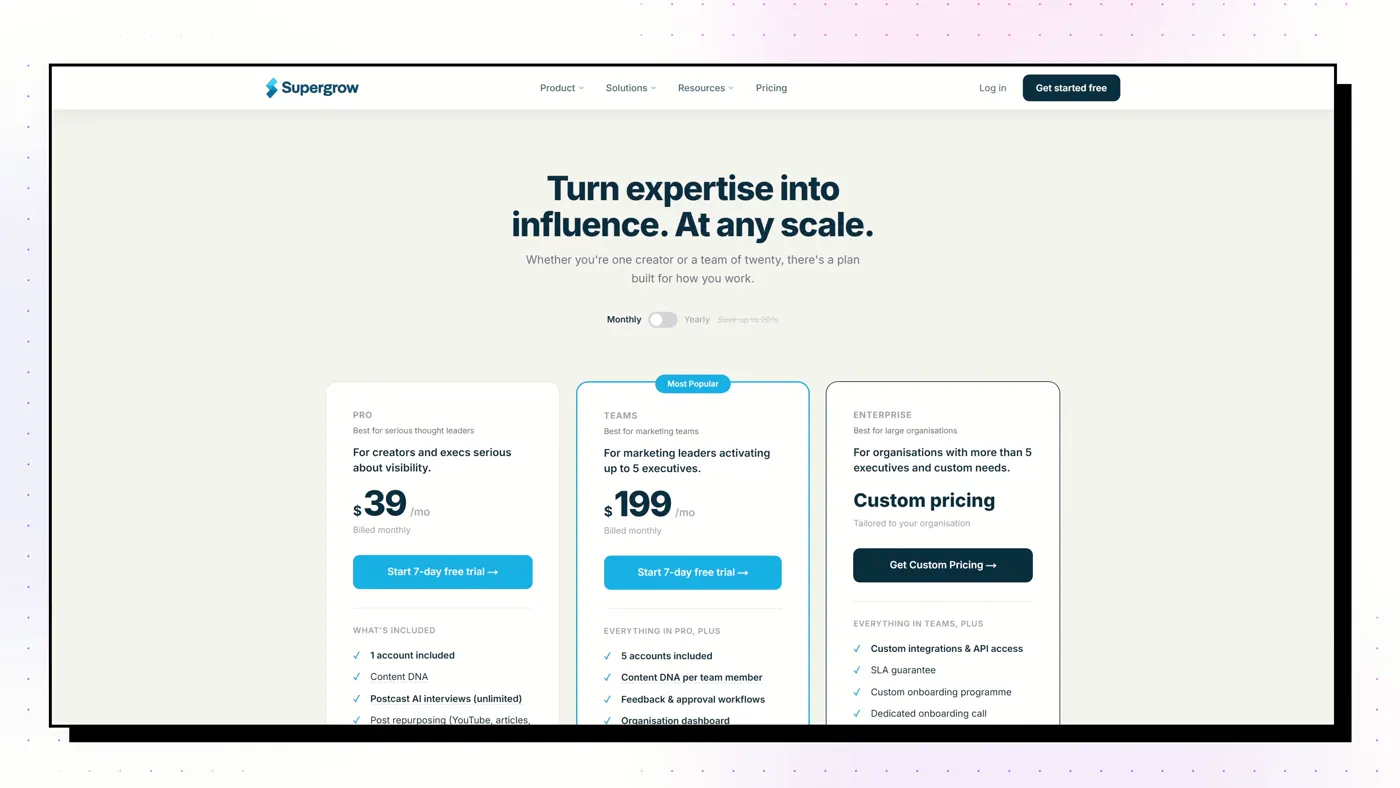 Supergrow's pricing page, October 2026, after the entry price rose from $19 to $39