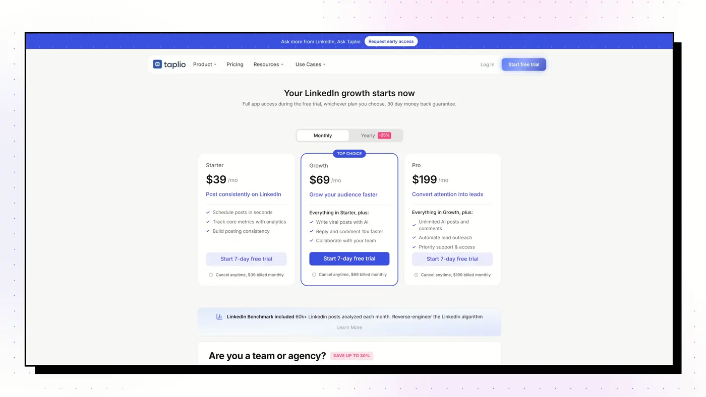 Taplio's pricing page, October 2026: the AI writer starts on the Growth plan