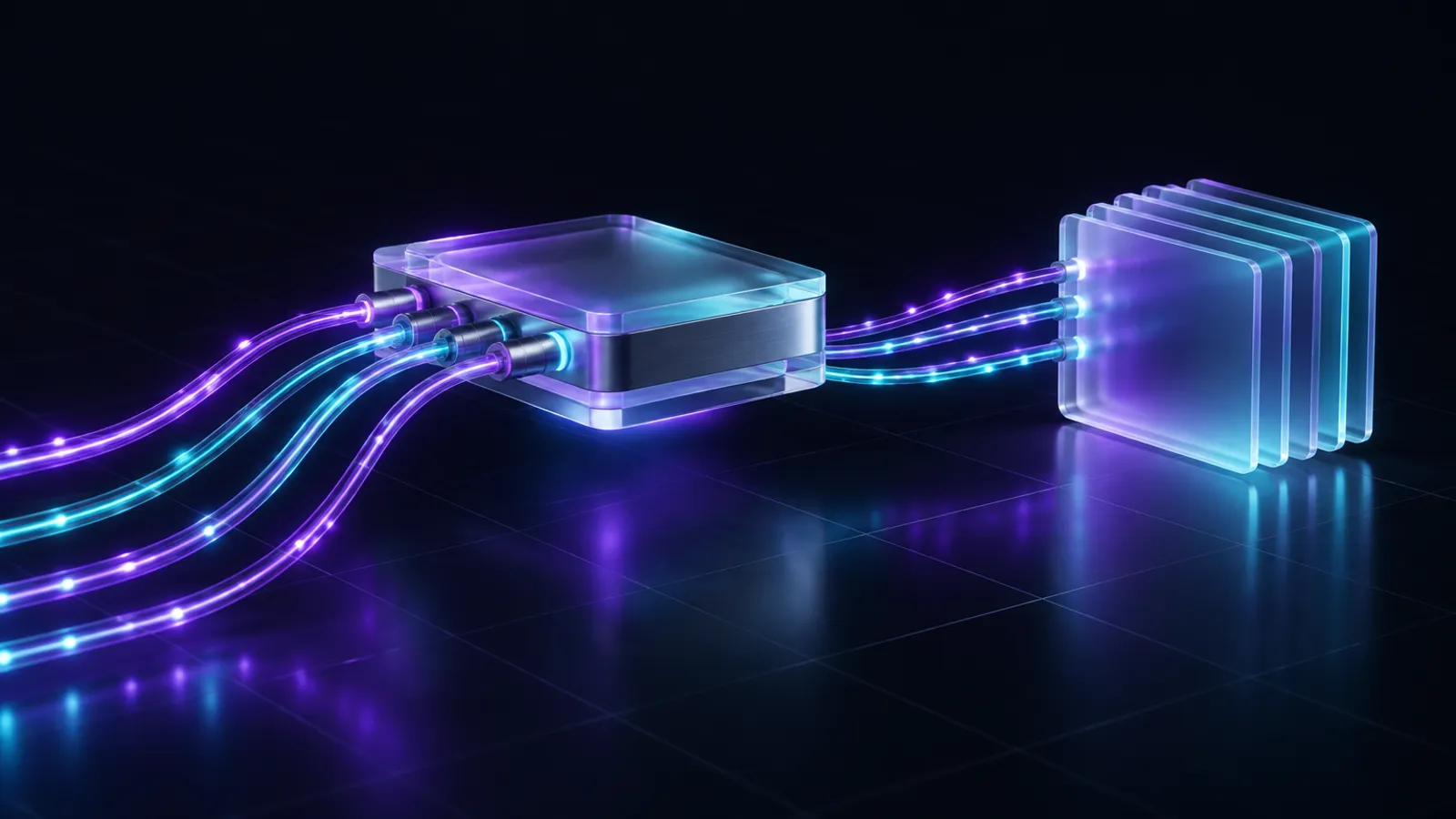 Glowing fibre-optic cables plugging into a glass hub that feeds a stack of glass cards