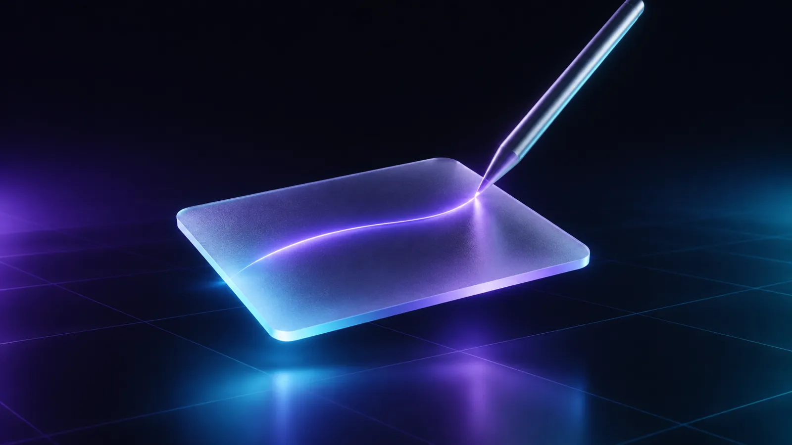 A glowing glass pen tracing lines of light above a dark surface