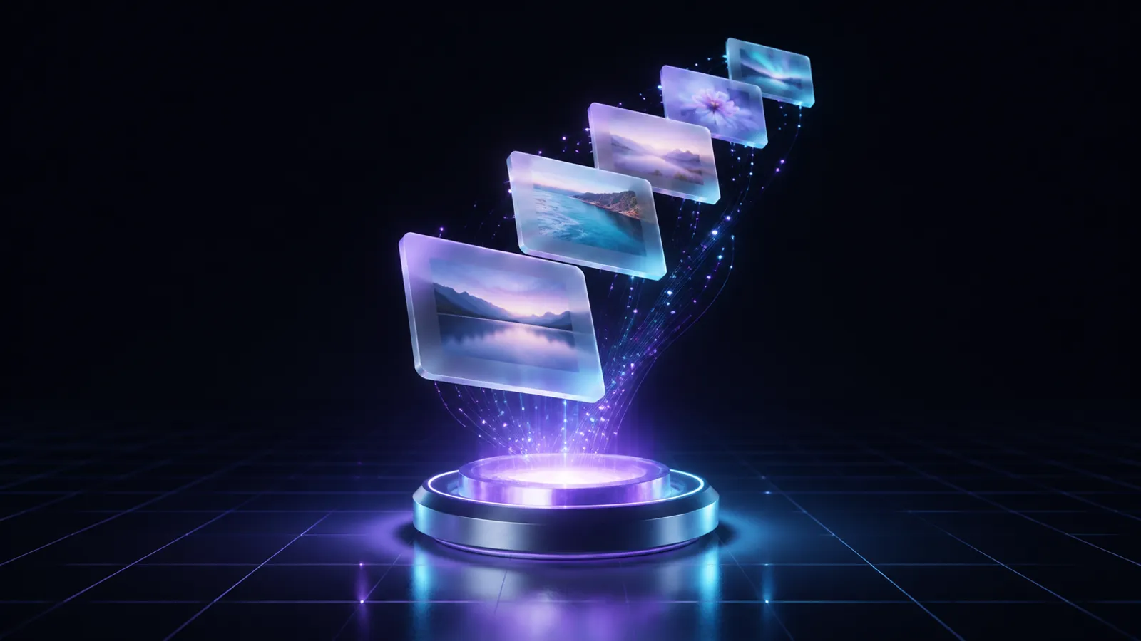 Glass post cards rising from a glowing core, an AI composing and sending LinkedIn posts