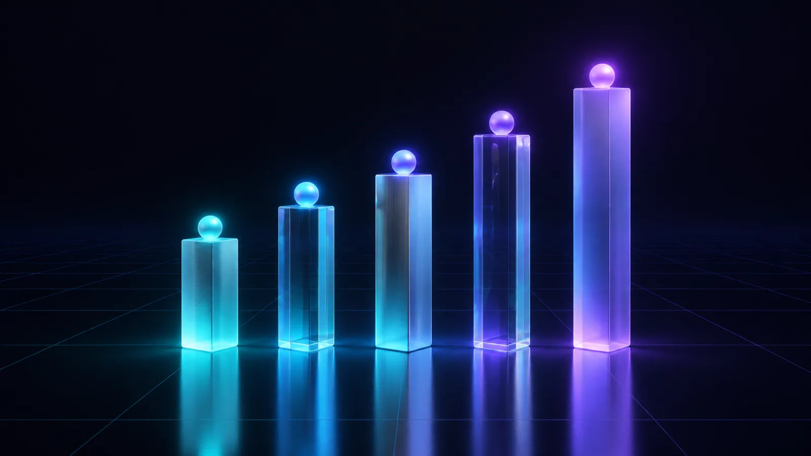 Glass price tiers stacked like steps, lit violet and cyan