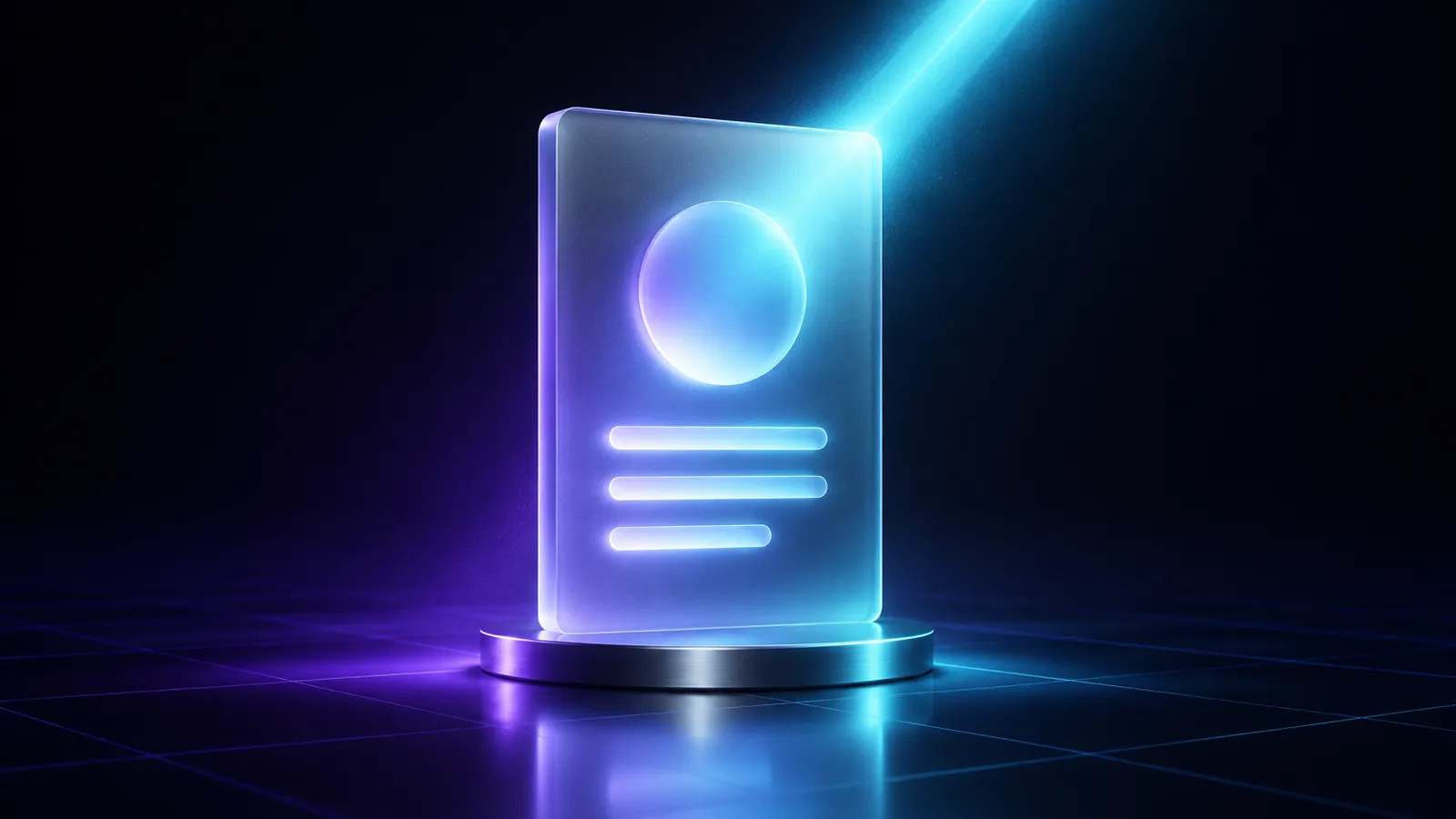 A frosted-glass profile card on a pedestal, lit by a beam of cyan light